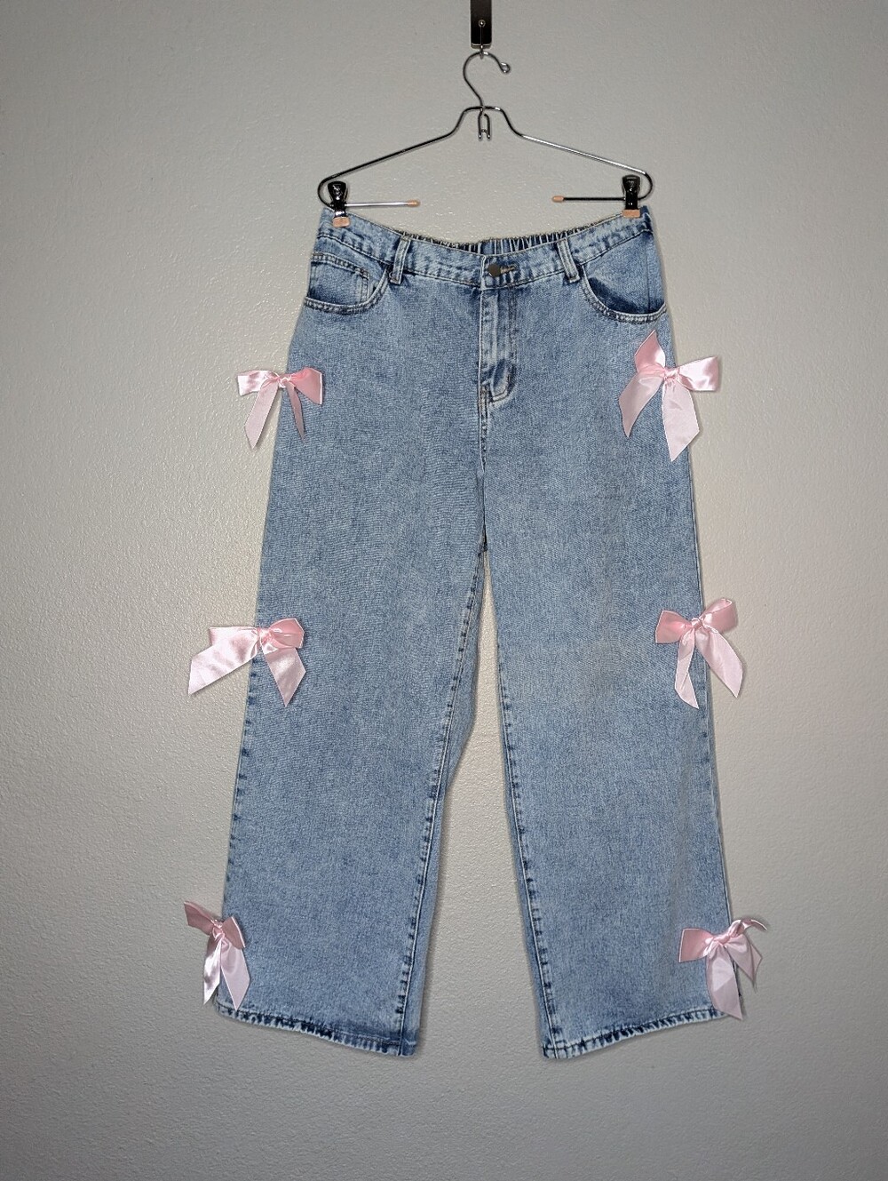 SHEIN Light Blue Denim Ribbon Pink Bow Detail Wide Leg Jeans 0XL 12